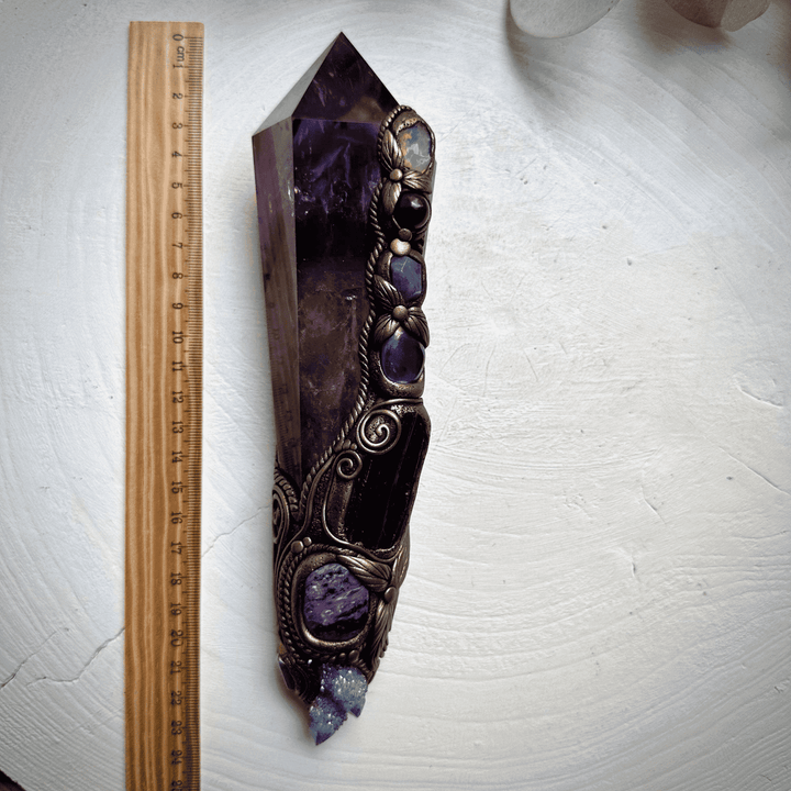 XL Amethyst Wand , Aqua Aura Spirit Quartz, Black Tourmaline, Aqua Aura Quartz, Raw Opal, Charoite, Tanzanite and Ruby Wand - FairyGardenGlow