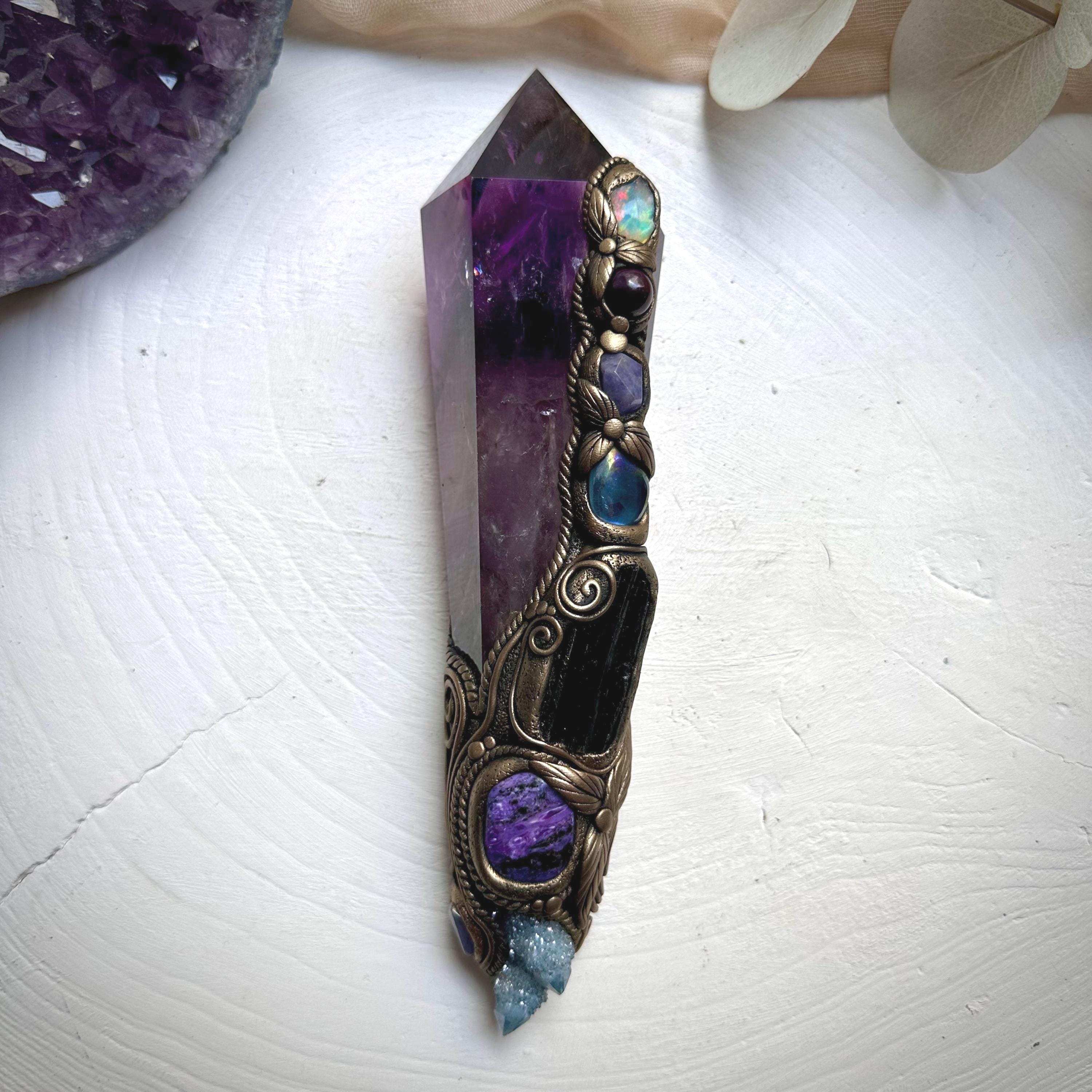 XL Amethyst Wand , Aqua Aura Spirit Quartz, Black Tourmaline, Aqua Aura Quartz, Raw Opal, Charoite, Tanzanite and Ruby Wand - FairyGardenGlow