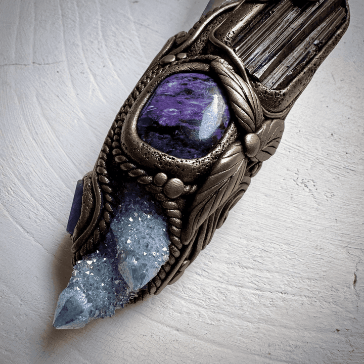 XL Amethyst Wand , Aqua Aura Spirit Quartz, Black Tourmaline, Aqua Aura Quartz, Raw Opal, Charoite, Tanzanite and Ruby Wand - FairyGardenGlow