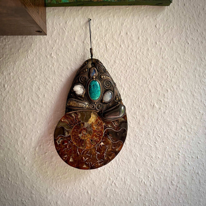 XL Ammonite Wall Hanging, Chrysocolla Apophyllite Moonstone Hematite Citrine Raw Australian Opal Wall Hanging, Unique Crystal Home Decor - FairyGardenGlow
