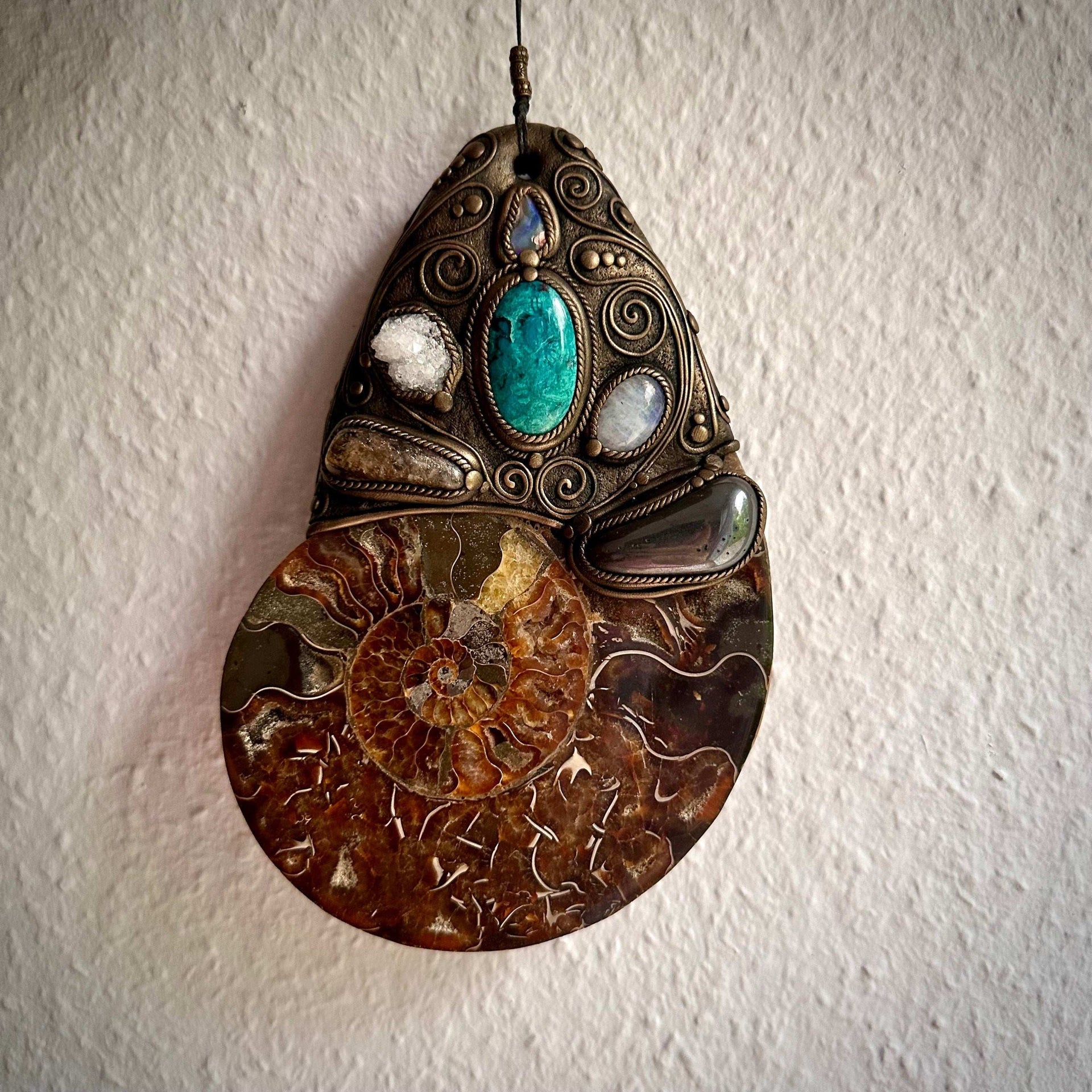 XL Ammonite Wall Hanging, Chrysocolla Apophyllite Moonstone Hematite Citrine Raw Australian Opal Wall Hanging, Unique Crystal Home Decor - FairyGardenGlow
