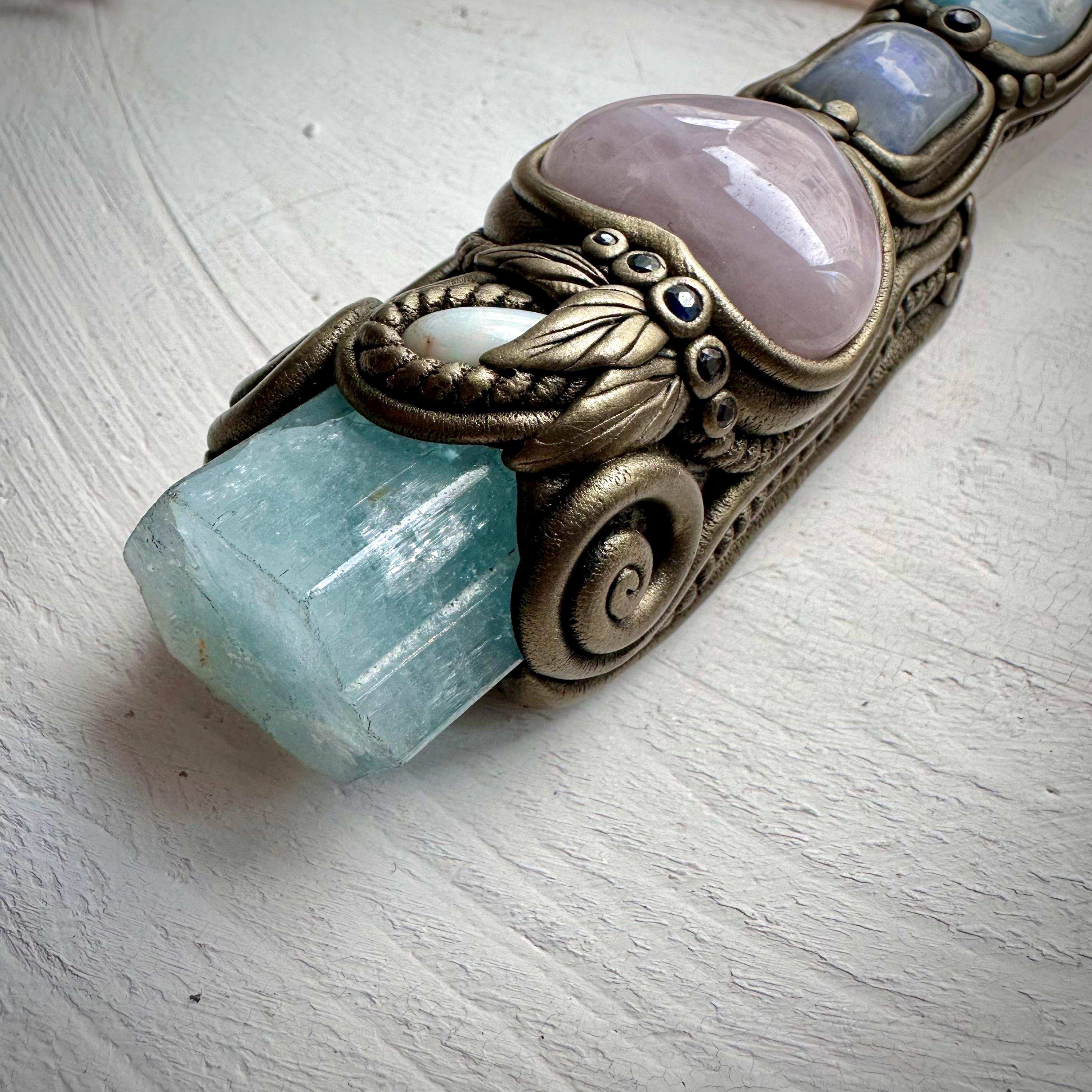 XL Clear Quartz Point with Raw Aquamarine Rose Quartz Heart Australian Opal Rainbow Moonstone and Blue Sapphire Wand - FairyGardenGlow