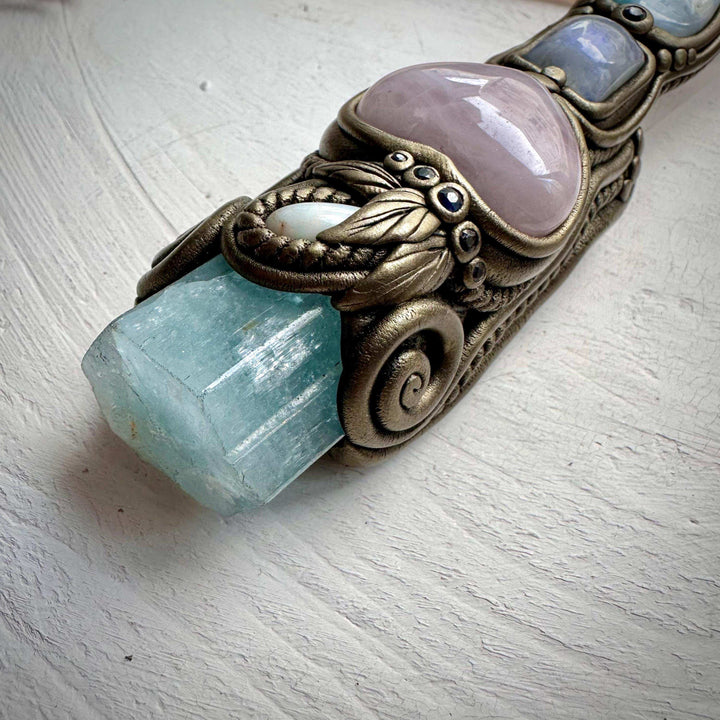 XL Clear Quartz Point with Raw Aquamarine Rose Quartz Heart Australian Opal Rainbow Moonstone and Blue Sapphire Wand - FairyGardenGlow