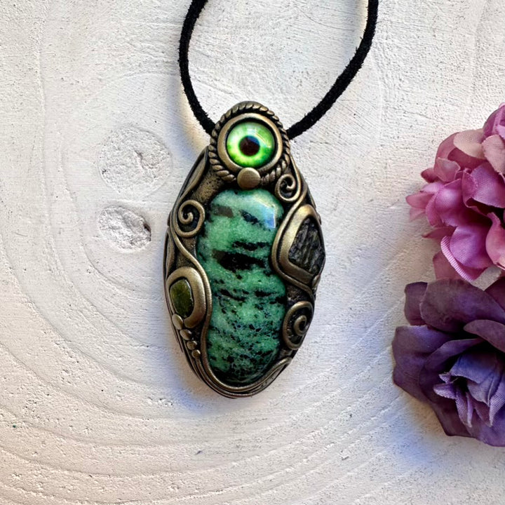 Handmade Zoisite, rare green Moldavite and Green Tourmaline eye pendant necklace, unisex protection crystal talisman jewelry.