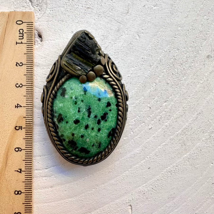 Handmade Zoisite crystal pendant paired with raw green Moldavite, one-of-a-kind spiritual talisman necklace.